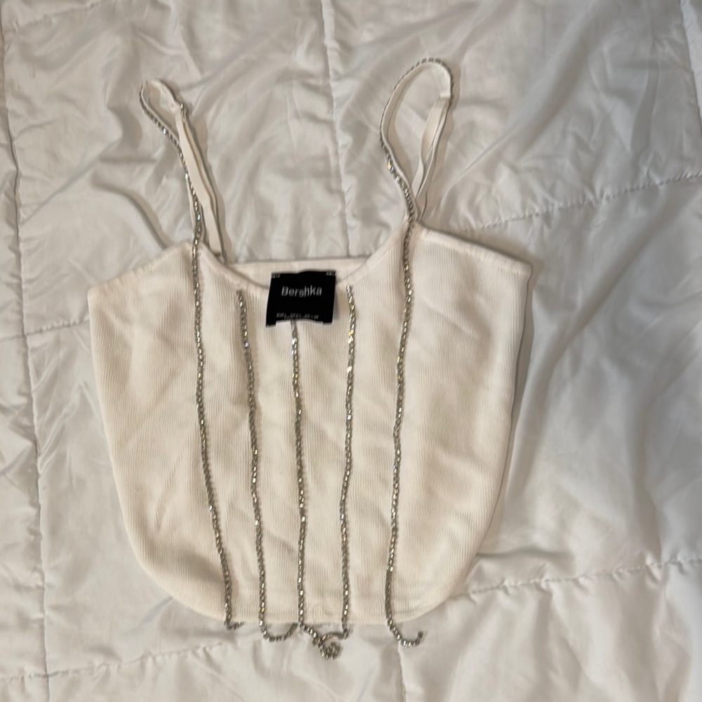 Bershka White Camisole with Silver Bead Stripes